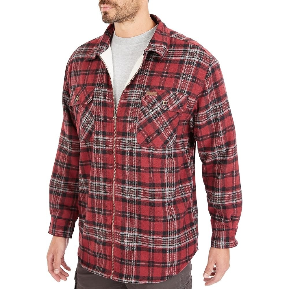 Smith's Workwear Zip-Front Sherpa-Lined‎ Flannel Shirt Jacket Sz L Red Plaid